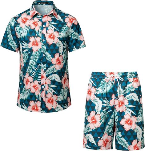 WZIKAI الرجال قميص هاواي صيفي وقصيرة 2 قطعة عطلة الاستوائية وتتسابق مجموعات زر عادية أسفل قمصان الشاطئ الدعاوى in Kuwait