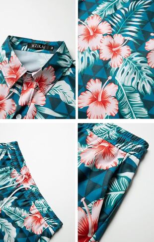 WZIKAI الرجال قميص هاواي صيفي وقصيرة 2 قطعة عطلة الاستوائية وتتسابق مجموعات زر عادية أسفل قمصان الشاطئ الدعاوى in Kuwait