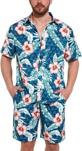 WZIKAI الرجال قميص هاواي صيفي وقصيرة 2 قطعة عطلة الاستوائية وتتسابق مجموعات زر عادية أسفل قمصان الشاطئ الدعاوى in Kuwait