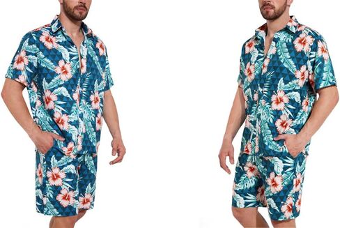 WZIKAI الرجال قميص هاواي صيفي وقصيرة 2 قطعة عطلة الاستوائية وتتسابق مجموعات زر عادية أسفل قمصان الشاطئ الدعاوى in Kuwait