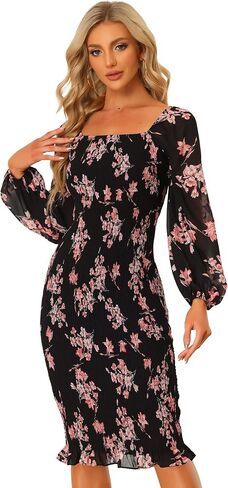 Allegra K Women's Floral Mermaid Dresses Square Neck Ruffle Puff Sleeve Smocked Bodycon Dress in Saudi Arabia