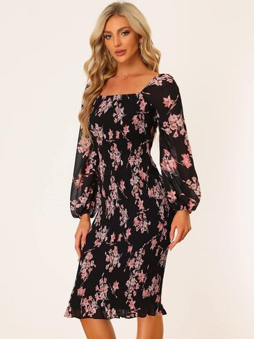 Allegra K Women's Floral Mermaid Dresses Square Neck Ruffle Puff Sleeve Smocked Bodycon Dress in Saudi Arabia