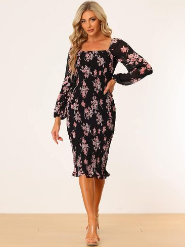 Allegra K Women's Floral Mermaid Dresses Square Neck Ruffle Puff Sleeve Smocked Bodycon Dress in Saudi Arabia