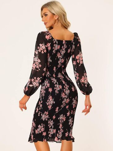 Allegra K Women's Floral Mermaid Dresses Square Neck Ruffle Puff Sleeve Smocked Bodycon Dress in Saudi Arabia