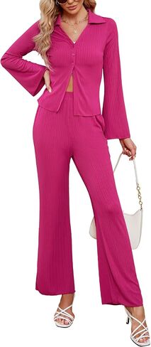 ملابس نسائية غير رسمية مكونة من قطعتين بنطال بأرجل واسعة وقميص بأكمام طويلة وأزرار سفلية in Kuwait