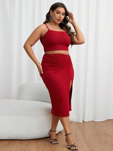 مجموعة MakeMeChic النسائية الكاجوال ذات الحجم الكبير المكونة من قطعتين وتنورة الفخذ بحاشية مشقوقة in Saudi Arabia