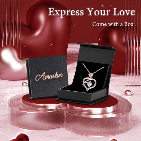 Amavive Valentines Day Gifts for Her, Sterling Silver Rose Heart Birthstone Necklace for Women Forever Love Heart Pendant Jewelry Gifts for Girls Wife Mom Grandma Girlfriend Anniversary Birthday in Kuwait