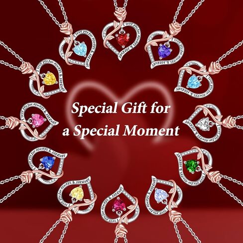 Amavive Valentines Day Gifts for Her, Sterling Silver Rose Heart Birthstone Necklace for Women Forever Love Heart Pendant Jewelry Gifts for Girls Wife Mom Grandma Girlfriend Anniversary Birthday in Kuwait