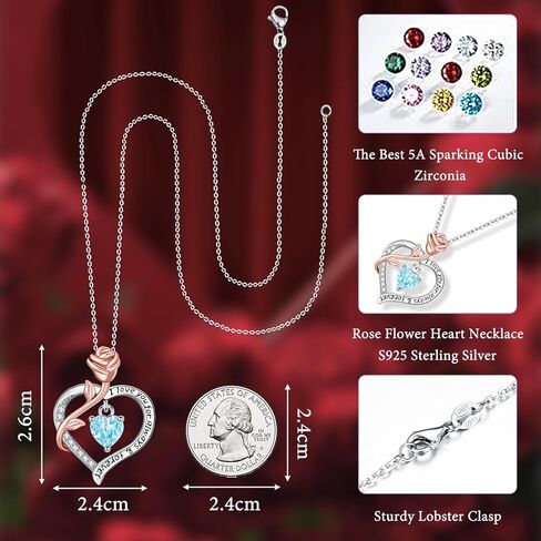 Amavive Valentines Day Gifts for Her, Sterling Silver Rose Heart Birthstone Necklace for Women Forever Love Heart Pendant Jewelry Gifts for Girls Wife Mom Grandma Girlfriend Anniversary Birthday in Kuwait