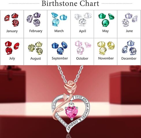 Amavive Valentines Day Gifts for Her, Sterling Silver Rose Heart Birthstone Necklace for Women Forever Love Heart Pendant Jewelry Gifts for Girls Wife Mom Grandma Girlfriend Anniversary Birthday in Kuwait