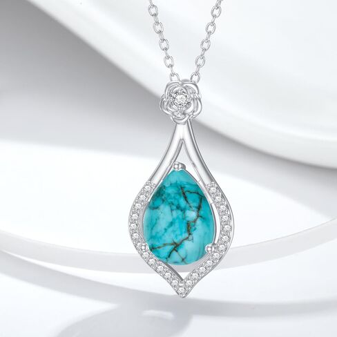 Turquoise Rose Necklace for Women, S925 Sterling Silver Natural Turquoise Flower Pendant Jewelry Anniversary Christmas Mothers Day Birthday Gifts Gifts for Mom Wife Girlfriend in Saudi Arabia