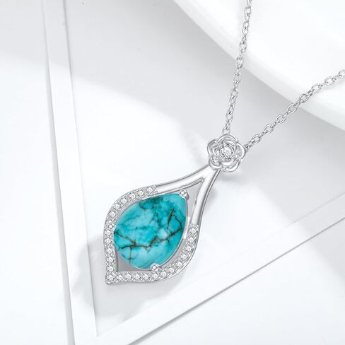 Turquoise Rose Necklace for Women, S925 Sterling Silver Natural Turquoise Flower Pendant Jewelry Anniversary Christmas Mothers Day Birthday Gifts Gifts for Mom Wife Girlfriend in Saudi Arabia