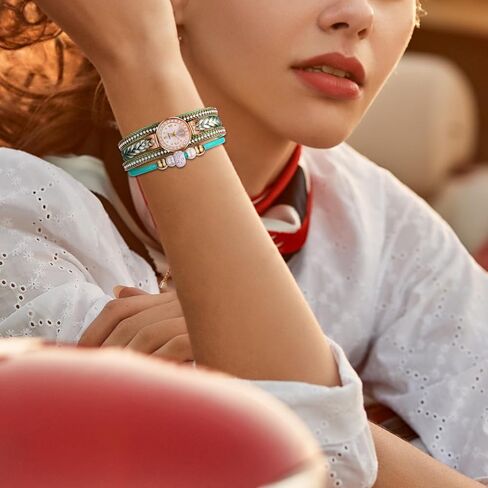 ساعة JewelryWe النسائية من الجلد البوهيمي: ساعة ملفوفة مضفرة متعددة الطبقات، ساعة دائرية تناظرية كوارتز كاجوال بسوار لعيد الحب in Saudi Arabia