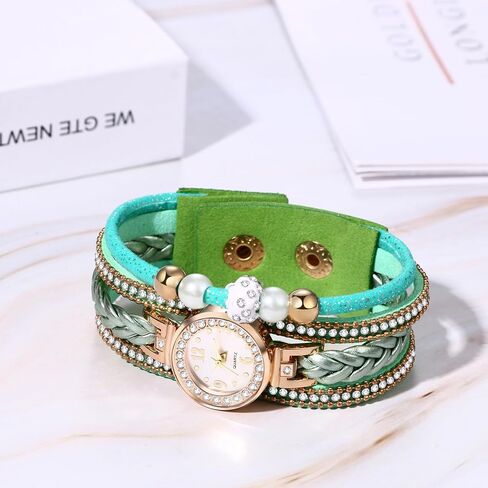 ساعة JewelryWe النسائية من الجلد البوهيمي: ساعة ملفوفة مضفرة متعددة الطبقات، ساعة دائرية تناظرية كوارتز كاجوال بسوار لعيد الحب in Saudi Arabia