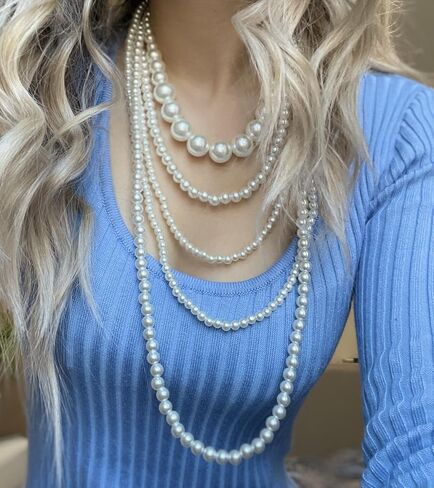 BEAUTY NEST Faux Long Pearl Necklaces for Women 1920s, Vintage Pearl Choker Necklaces, Fake 6 Strand Pearl Necklaces for Women Costume Jewelry, White Bead Necklace, Great Gatsby Accessories, Resin, in Kuwait