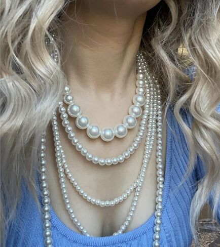 BEAUTY NEST Faux Long Pearl Necklaces for Women 1920s, Vintage Pearl Choker Necklaces, Fake 6 Strand Pearl Necklaces for Women Costume Jewelry, White Bead Necklace, Great Gatsby Accessories, Resin, in Kuwait