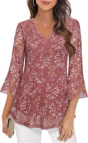 MCKOL Women's 3/4 Sleeve Tops and Blouses Floral Double Layers V Neck Dressy Tunic Tops in Saudi Arabia