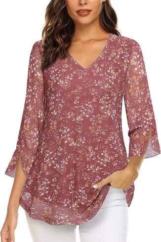 MCKOL Women's 3/4 Sleeve Tops and Blouses Floral Double Layers V Neck Dressy Tunic Tops in Saudi Arabia