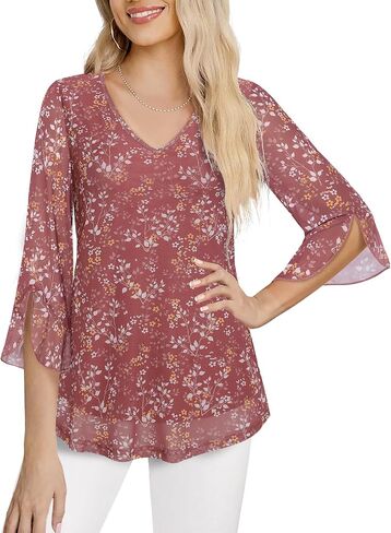 MCKOL Women's 3/4 Sleeve Tops and Blouses Floral Double Layers V Neck Dressy Tunic Tops in Saudi Arabia