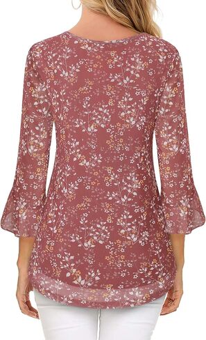 MCKOL Women's 3/4 Sleeve Tops and Blouses Floral Double Layers V Neck Dressy Tunic Tops in Saudi Arabia