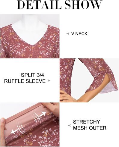 MCKOL Women's 3/4 Sleeve Tops and Blouses Floral Double Layers V Neck Dressy Tunic Tops in Saudi Arabia