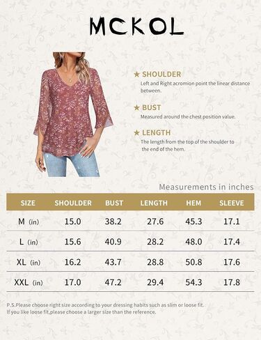 MCKOL Women's 3/4 Sleeve Tops and Blouses Floral Double Layers V Neck Dressy Tunic Tops in Saudi Arabia