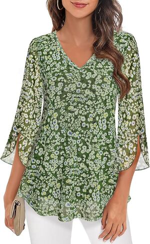 MCKOL Women's 3/4 Sleeve Tops and Blouses Floral Double Layers V Neck Dressy Tunic Tops in Saudi Arabia