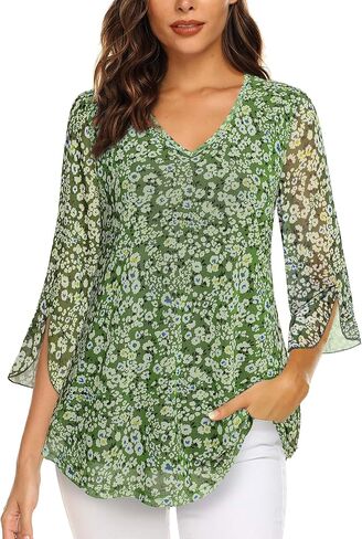 MCKOL Women's 3/4 Sleeve Tops and Blouses Floral Double Layers V Neck Dressy Tunic Tops in Saudi Arabia
