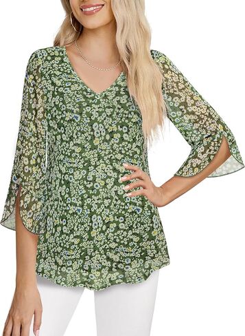 MCKOL Women's 3/4 Sleeve Tops and Blouses Floral Double Layers V Neck Dressy Tunic Tops in Saudi Arabia