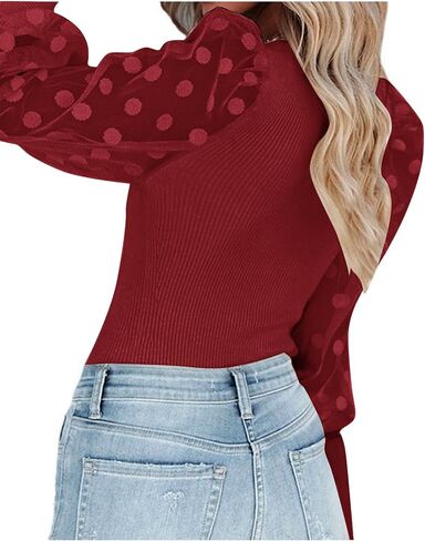 LYANER Women’s Square Neck Blouse Sheer Mesh Lantern Sleeve Polka Dot Knit Business Casual Tops Shirts in Saudi Arabia