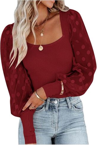 LYANER Women’s Square Neck Blouse Sheer Mesh Lantern Sleeve Polka Dot Knit Business Casual Tops Shirts in Saudi Arabia