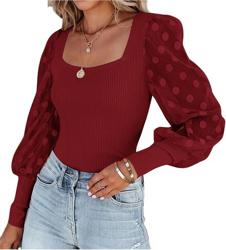 LYANER Women’s Square Neck Blouse Sheer Mesh Lantern Sleeve Polka Dot Knit Business Casual Tops Shirts in Saudi Arabia
