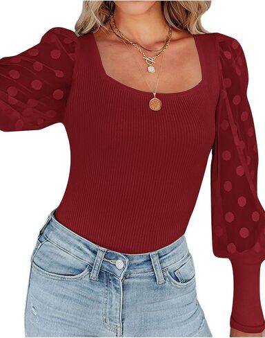 LYANER Women’s Square Neck Blouse Sheer Mesh Lantern Sleeve Polka Dot Knit Business Casual Tops Shirts in Saudi Arabia