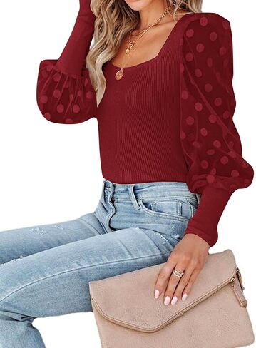 LYANER Women’s Square Neck Blouse Sheer Mesh Lantern Sleeve Polka Dot Knit Business Casual Tops Shirts in Saudi Arabia