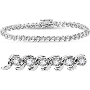 Round Shape White Natural Diamond S-Link Prong Set Tennis Bracelet in 925 Sterling Silver for Womens (Clarity I2-I3, Color I-J, 1.10 Cttw)