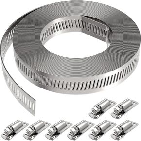 Stainless Steel Hose Clamp Assortment Kit DIY, 13FT Metal Strap + 8 Stronger Fasteners Large Adjustable Worm Gear Band Hose Clamps Screw Clamps for Duct Pipe Metal Clamp Strapping