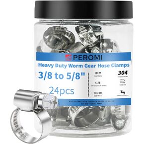 Hose Clamps, PEROMI 304 Stainless Steel Worm Gear Drive Mini Hose Clamp Adjustable Range 3/8" to 5/8", Heavy Duty High Pressure German Type Clamp for Automotive Plumbing, 24pcs