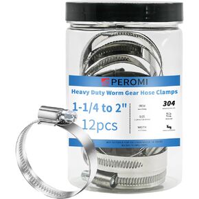 Hose Clamps, PEROMI 304 Stainless Steel Worm Gear Drive Mini Hose Clamp Adjustable Range 1-1/4" to 2", Heavy Duty High Pressure German Type Clamp for Automotive Plumbing,12pcs