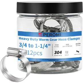Hose Clamps, PEROMI 304 Stainless Steel Worm Gear Drive Mini Hose Clamp Adjustable Range 3/4" to 1-1/4", Heavy Duty High Pressure German Type Clamp for Automotive Plumbing,12pcs