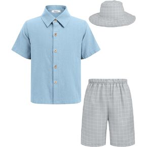 Arshiner Boys Cotton Linen Short Sets Button Down Short Sleeve Shirt and Shorts with Bucket Hat Summer Beach Outfits