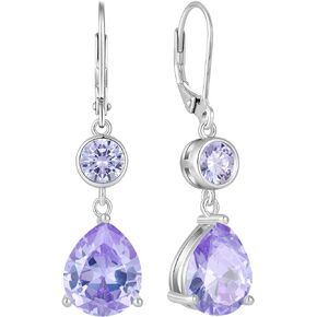 925 Sterling Silver Dangle Drop Earrings for Women, 10 * 12mm Teardrop Birthstone Earrings Plated 18K White Gold Double Gemstone Leverback Earrings Hypoallergenic Jewelry Gift for Women Her