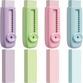 8-Piece Sliding Retractable Pencil Erasers - 4 Cute Colors with Dynamic Push-Pull Design, Includes 4 Expandable Erasers and 4 Refill Erasers for Students and Creatives