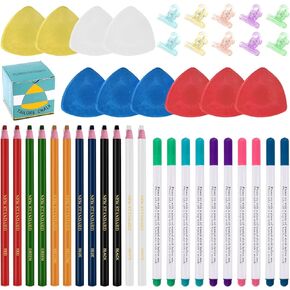 Swpeet 43Pcs Sewing Tools Kit, 10Pcs Professional Tailor's Chalk and 12Pcs Sewing Mark Pencil with 12Pcs 5 Color Disappearing Erasable Ink Fabric Marker Pen and 10Pcs Plastic Clips for Sewing Marking