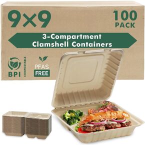 yoyomax [6x6-200Pack] 100% Compostable To Go Food Containers with Lids, Burger Box Take Out Clamshell Container, Bio Disposable | Eco Friendly | Heavy-Duty Boxes, Made of Sugarcane Fibers in Kuwait
