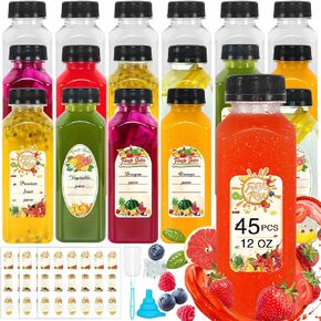 Plastic Juice Bottles with Caps, 57 Pcs 8 OZ Juice Bottles with Caps Empty Square Plastic Bottles with Black Tamper Caps Travel Juice Bottles for Juicing,Smoothie and Drinking
