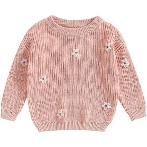 Baby Girl Cable Knit Sweater Long Sleeve Boho Floral Embroidery Oversized Sweatshirt Warm Fall Winter Clothes