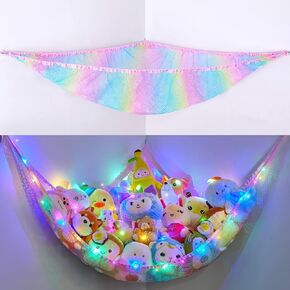 Stuffed Animals Storage with LED Light Room Decor Stuffed Animals Hammock Corner Kids Toy Storage Organizer Wall Decor Net for Stuffed Animals, Black