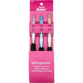 CJ BATES & SONS Sizes L11/8mm, M13/9mm, and N15/10mm Susan Bates Silvalume Soft Ergonomic Crochet Hook Set