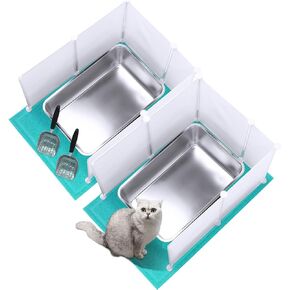 Pinkunn 2 Set Large Stainless Steel Litter Box Metal Litter Box Include 2 Cat Litter Scoop,12 Litter Splash Guard and 2 Cat Litter Mat,Never Absorbs Odor (Blue,7.9 Inch)