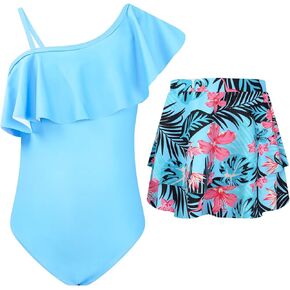 JiAmy Girls One Piece Swimsuit with Skirt One Shoulder Ruffle Bathing Suit Beach Swimwear for Size 5-12 Years